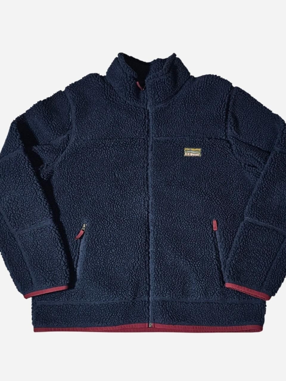 L.L. Bean Mountain Pile Sherpa Fleece Jacket Navy Blue with Maroon Trim